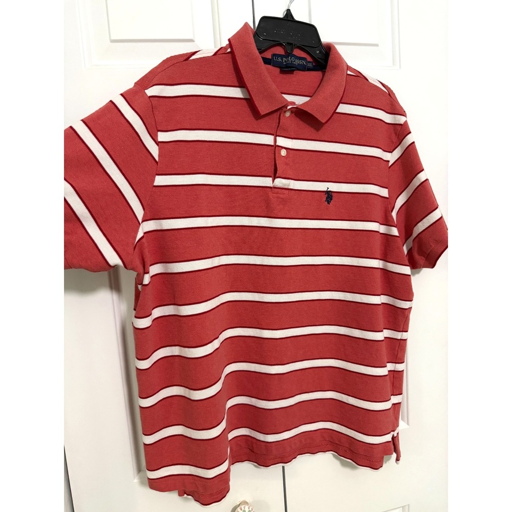 US Polo Association Mens Size XXL Polo Red‎ Shirt Short Sleeve Striped Collared